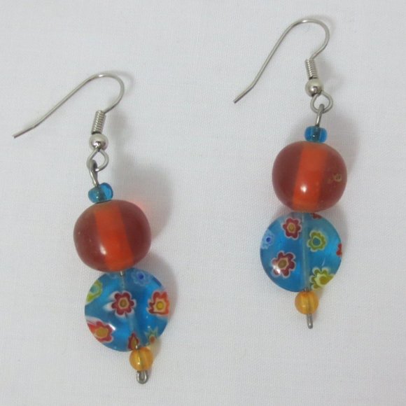 New Blue & Orange Hand Crafted Dangle Earrings - Picture 2 of 6